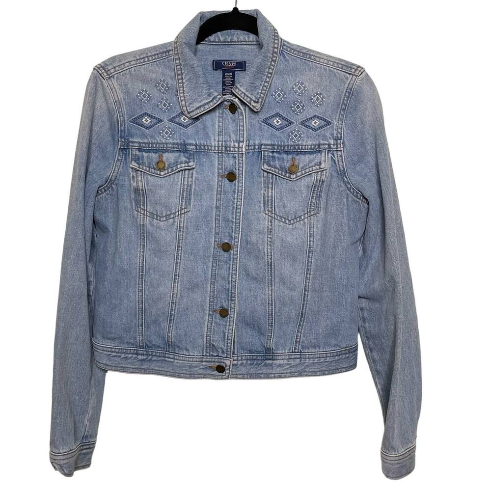 Chaps Vintage Cropped Trucker Denim Jacket Embroidery Detail Collared‎ Blue M